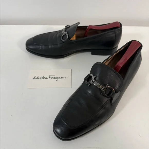 Salvatore Ferragamo Black Leather Loafers with Horsebit Detail
